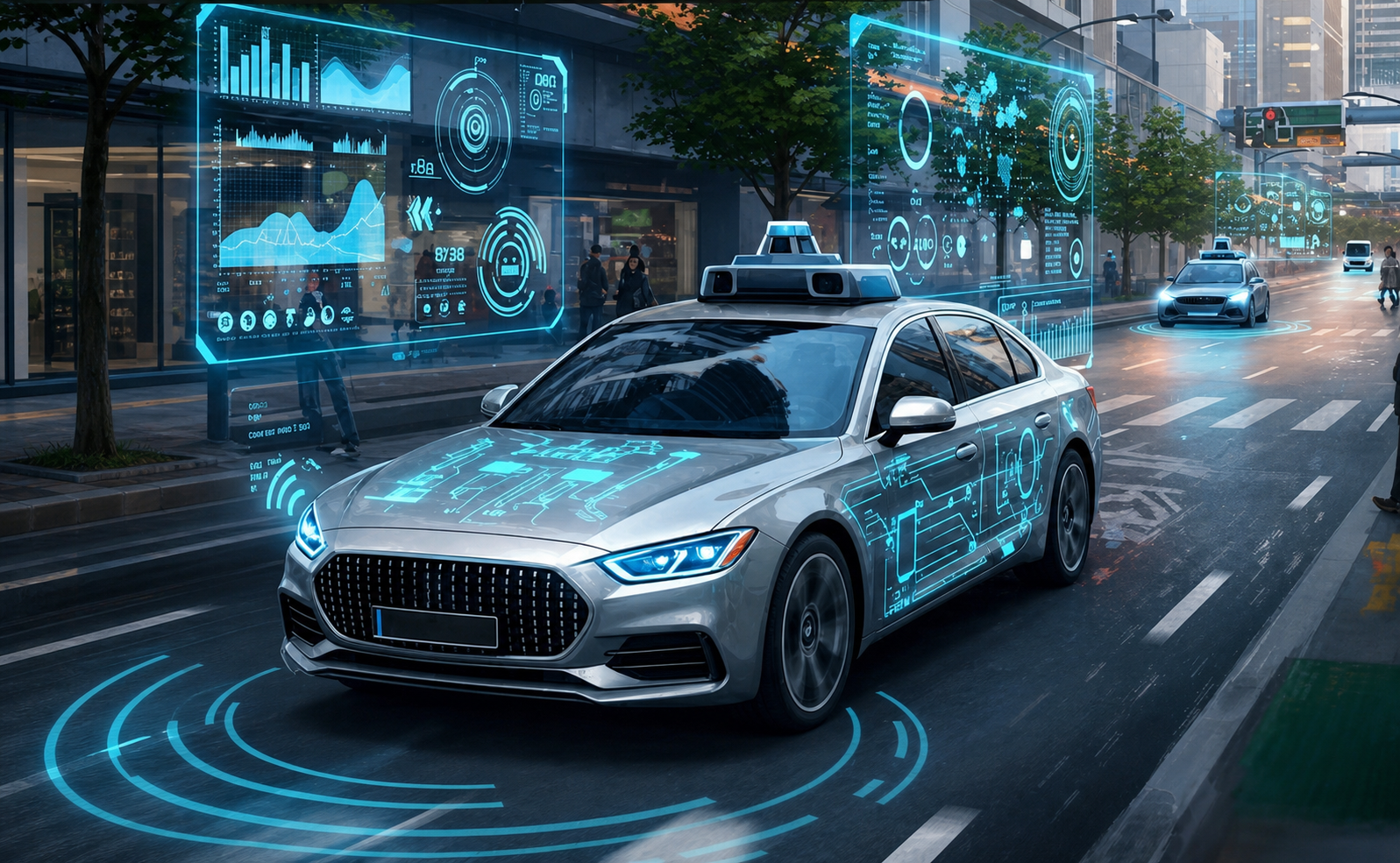 Silver autonomous vehicle using a multi-sensor perception system