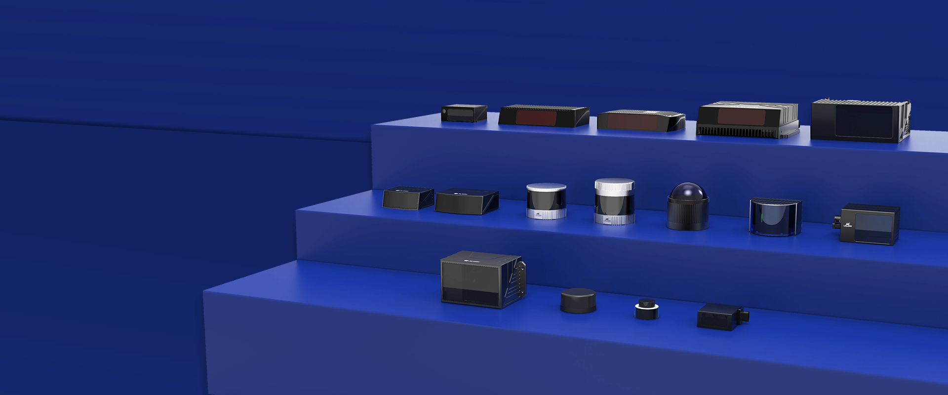 Leishen LiDAR products displayed in a blue studio lineup