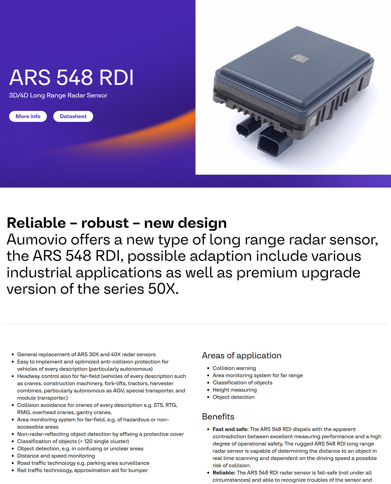 Continental ARS548 RDI product overview, key specifications and applications, section 1 of 3