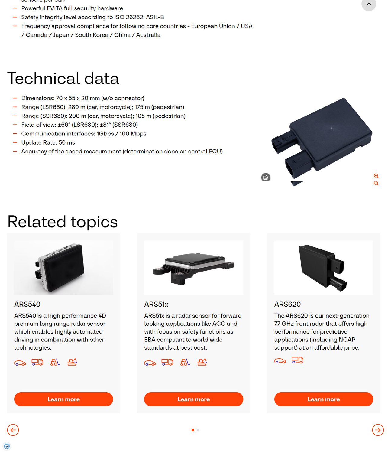 Continental SRR630 product overview, key specifications and applications, section 2 of 2