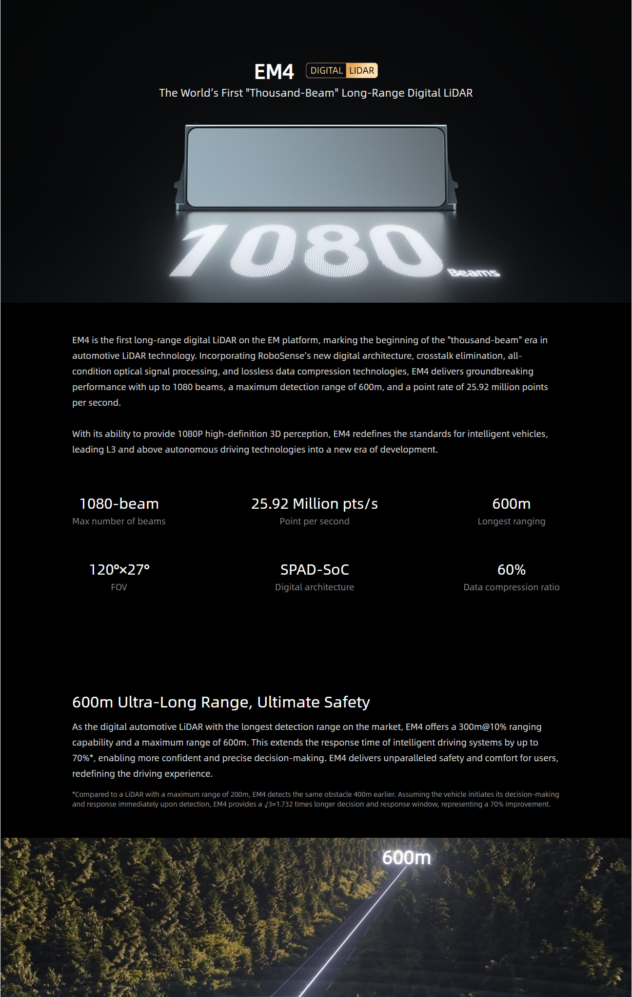 EM4 thousand-beam LiDAR introduction, specifications and 600-meter ranging overview