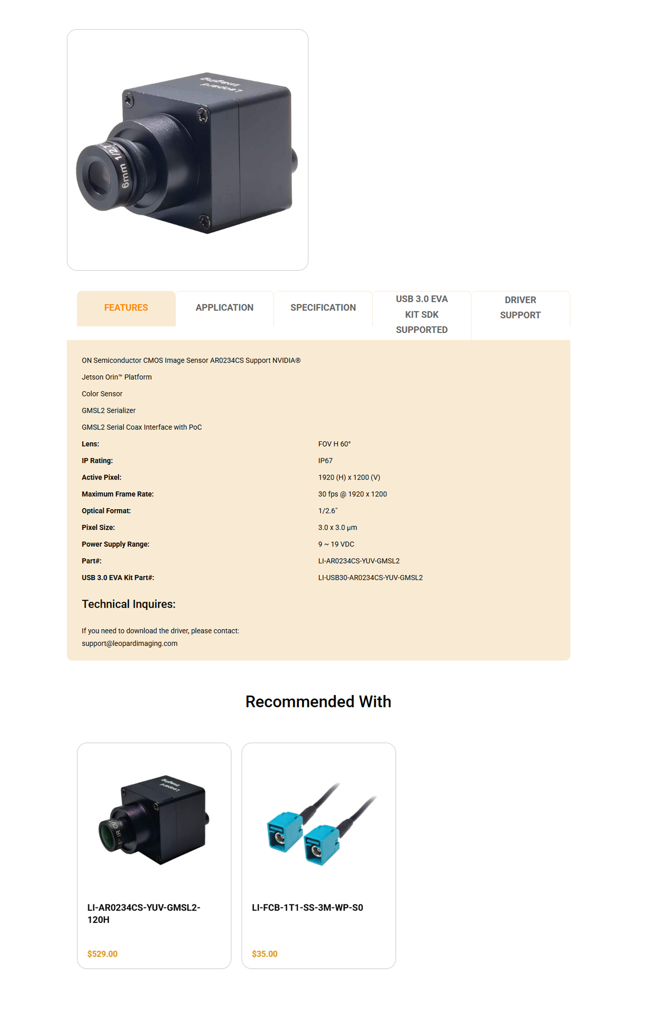 Leopard Imaging LI-AR0234CS-YUV-GMSL2 camera overview, features and technical specifications