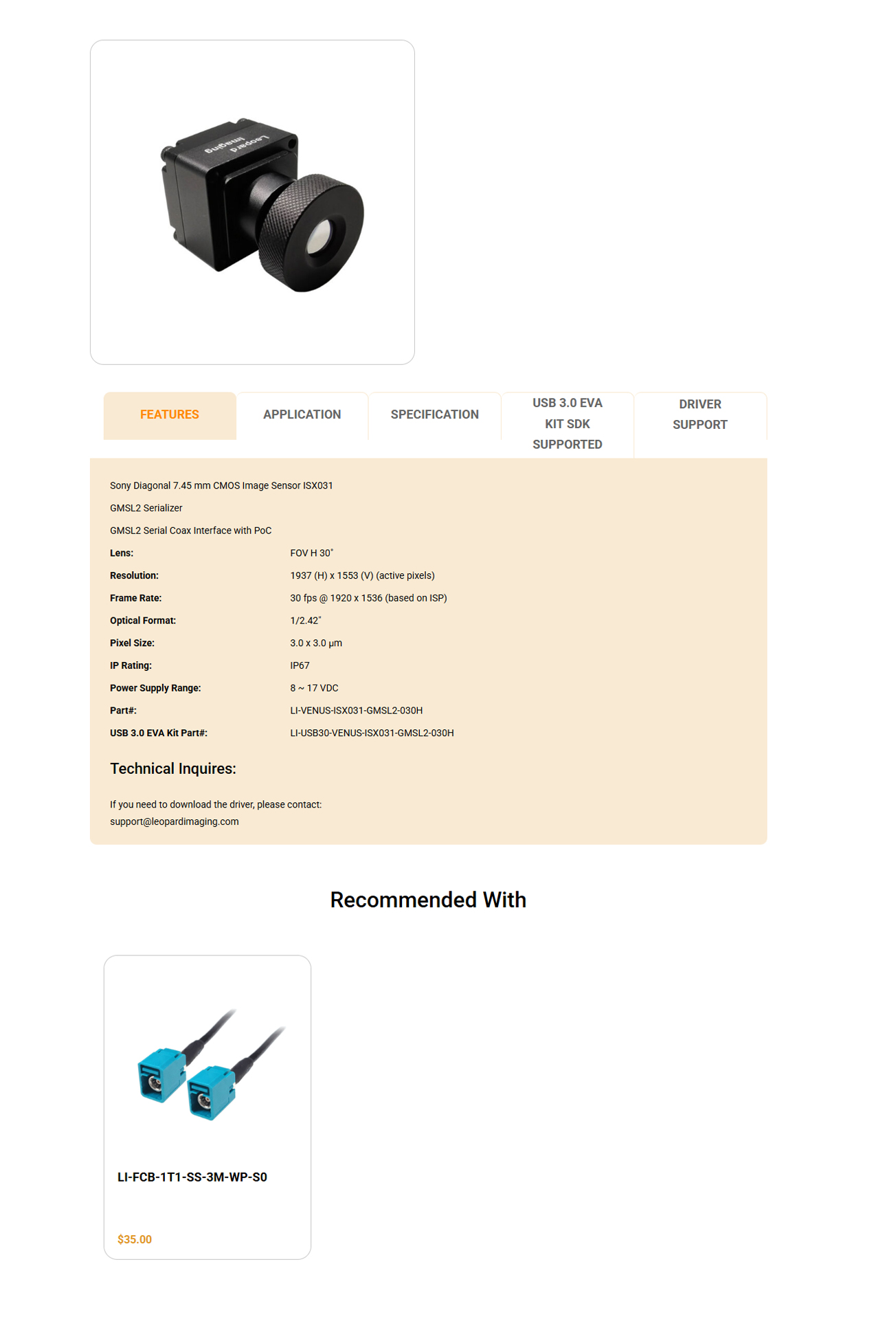 Leopard Imaging LI-VENUS-ISX031-GMSL2 camera overview, features and technical specifications