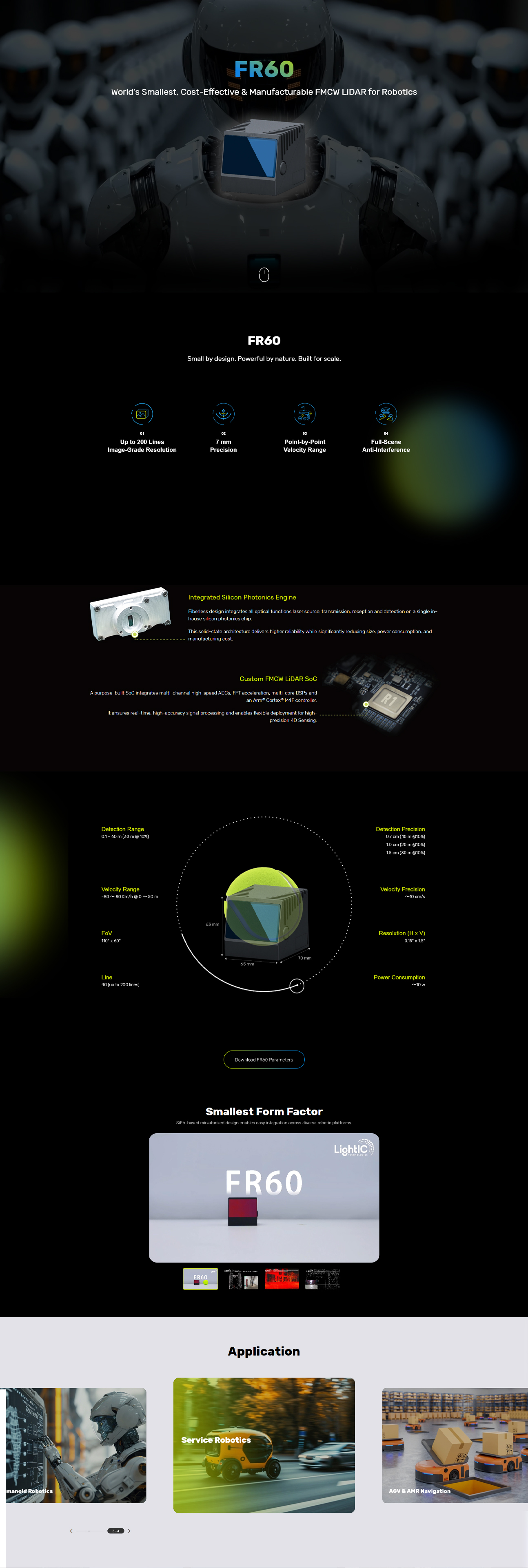 LightIC FR60 product overview, silicon photonics architecture, specifications and robotic applications